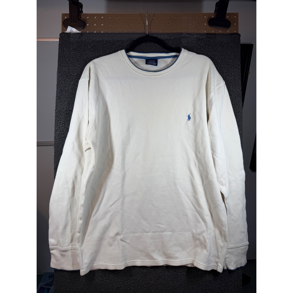 Polo Ralph Lauren Thermal Shirt Mens XL Cream Blue Pony Waffle Knit Long Sleeve